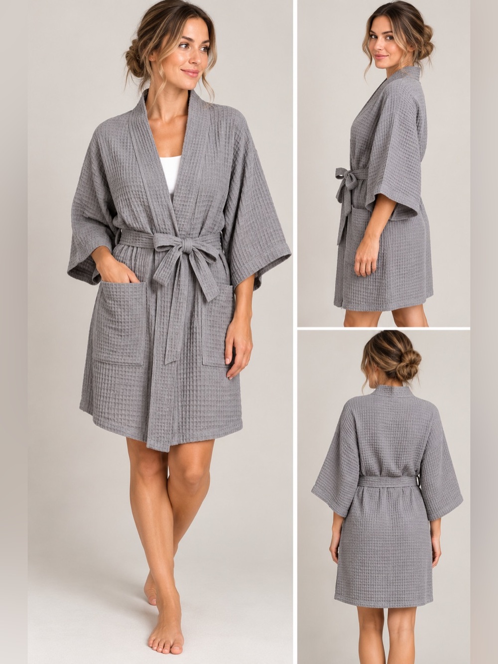 NWT Terry Town Classic Waffle Kimono Robe - Gray